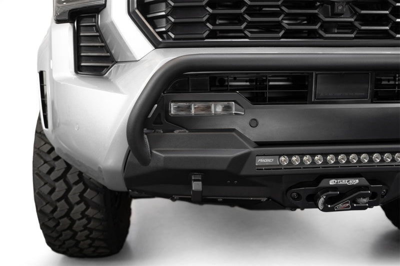 Addictive Desert Designs 2024 Toyota Tacoma Stealth Center Mount Winch Front Bumper with Top Hoop and 20-Inch Light Bar Mount