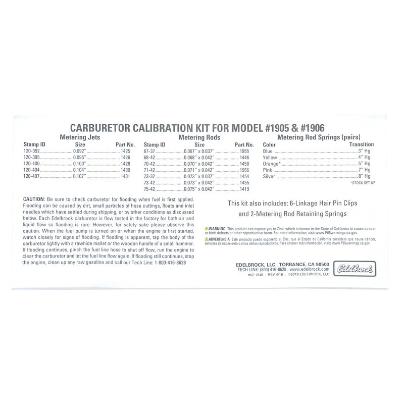 Edelbrock Calibration Kit for 1905 and 1906 Carburetors - Part #1948