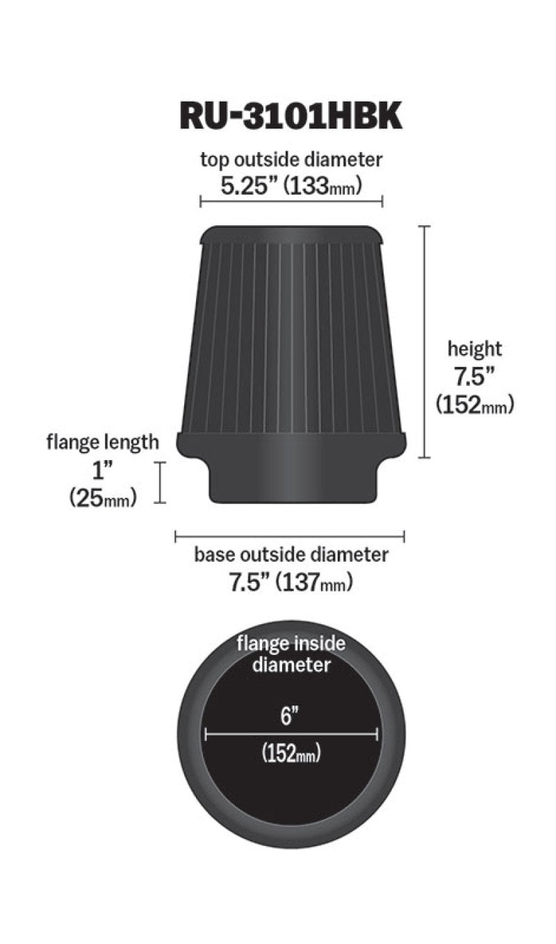 K&N Engineering RU-3101HBK Black Universal Rubber Round Tapered Air Filter - 6 inch Flange, 8 inch Height