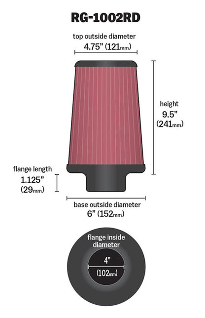 K&N Engineering Universal Air Filter Chrome Round Tapered - 4-inch Flange ID, 1.125-inch Flange Length, 9.5-inch Height