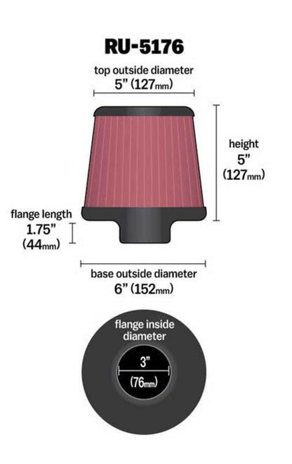 K&N Engineering Universal Rubber Round Tapered Air Filter Part RU-5176 for Select BMW and Mini Cooper Models