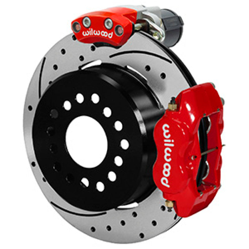 Wilwood Forged Dynalite Rear Electronic Parking Brake Kit with Red Powder Coat Caliper and D/S Rotor