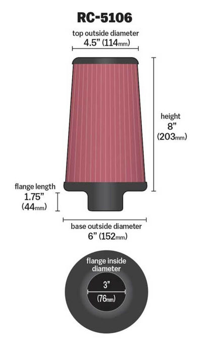 K&N Engineering RC-5106 Universal Chrome Round Tapered Air Filter - 3 Inch Flange ID, 6 Inch Base OD, 4.5 Inch Top OD, 8 Inch Height for Dodge Ram 1500