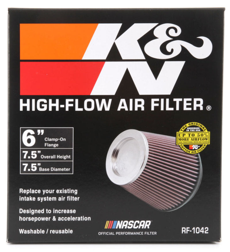 K&N Engineering RF-1042 Round Tapered Universal Air Filter – 6 Inch Flange, 7.5 Inch Base Diameter, 5 Inch Top Diameter, 6.5 Inch Height