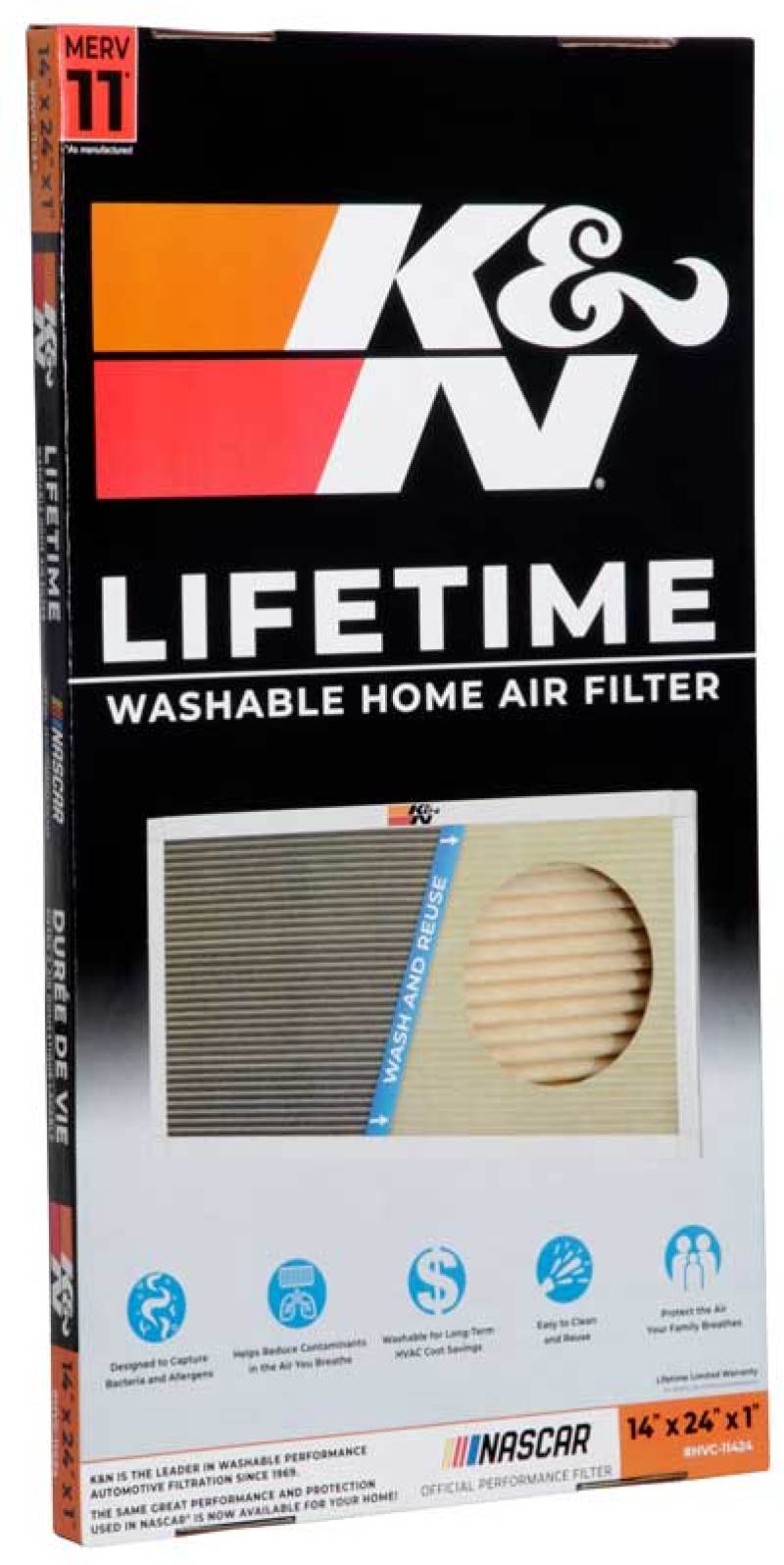 K&N HVAC Filter 14 x 24 x 1 - Reusable Pleated Synthetic Air Filter with MERV 11 Rating
