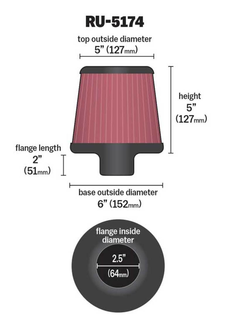 K&N Engineering Universal Rubber Air Filter - Round Tapered, 2.5-inch Flange ID, 6-inch Base OD, 5-inch Top OD, 5-inch Height (Part Number RU-5174)