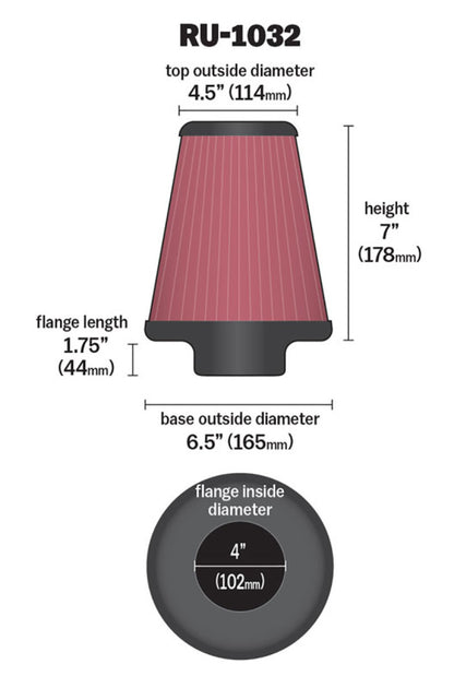 K&N Engineering Universal Clamp-On Air Filter 4-inch Flange, 6.5-inch Base, 4.5-inch Top, 7-inch Height - Model RU-1032