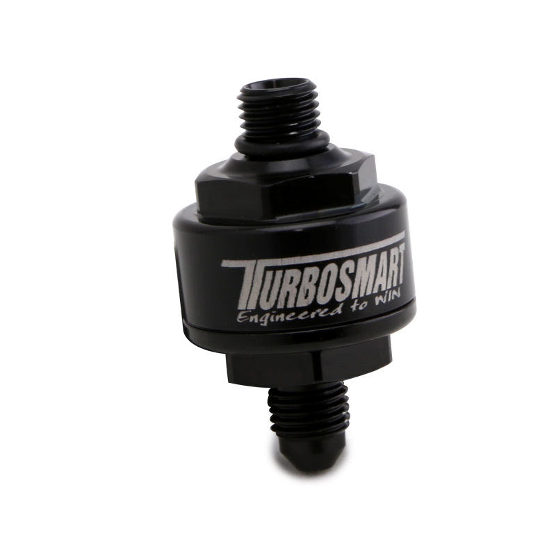 Turbosmart Billet Turbo Oil Feed Filter with 44-Micron Pleated Disc - AN-4 Male to AN-4 ORB - Black