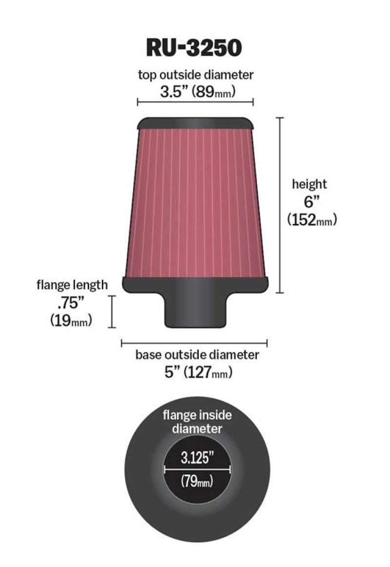 K&N Engineering Universal Tapered Air Filter Part RU-3250 – 3.125-inch Flange Diameter, 6-inch Height