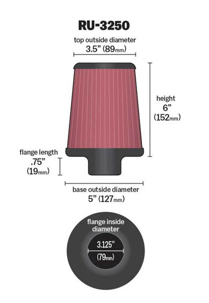 K&N Engineering Universal Tapered Air Filter Part RU-3250 – 3.125-inch Flange Diameter, 6-inch Height