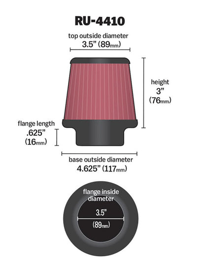K&N Engineering Universal Rubber Air Filter Part RU-4410 – 3.5 Inch Flange, 4.63 Inch Base, 3.5 Inch Top, 3 Inch Height