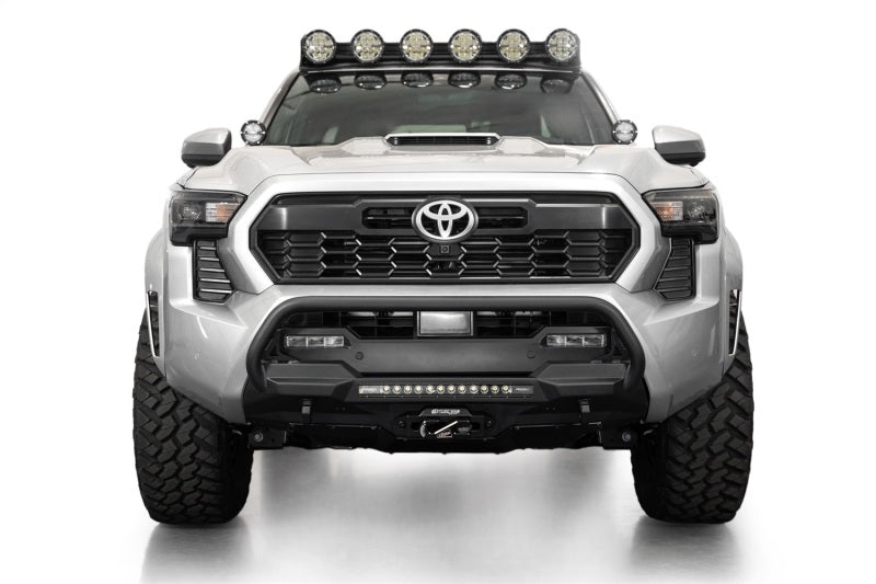 Addictive Desert Designs 2024 Toyota Tacoma Stealth Center Mount Winch Front Bumper with Top Hoop and 20-Inch Light Bar Mount
