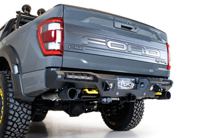 Addictive Desert Designs HoneyBadger Rear Bumper for Ford Raptor 2021-2023 with 10-inch LED Mounts and Satin Black Panels