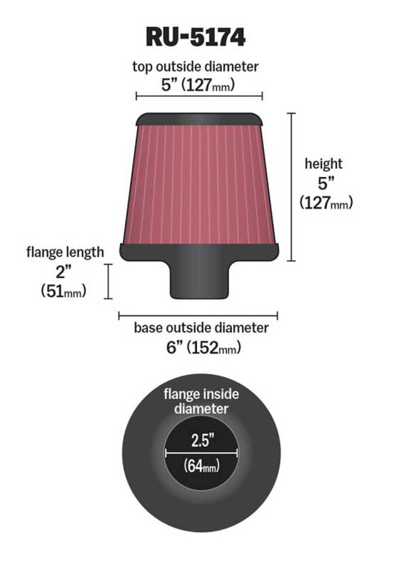 K&N Engineering Universal Rubber Air Filter - Round Tapered, 2.5-inch Flange ID, 6-inch Base OD, 5-inch Top OD, 5-inch Height (Part Number RU-5174)