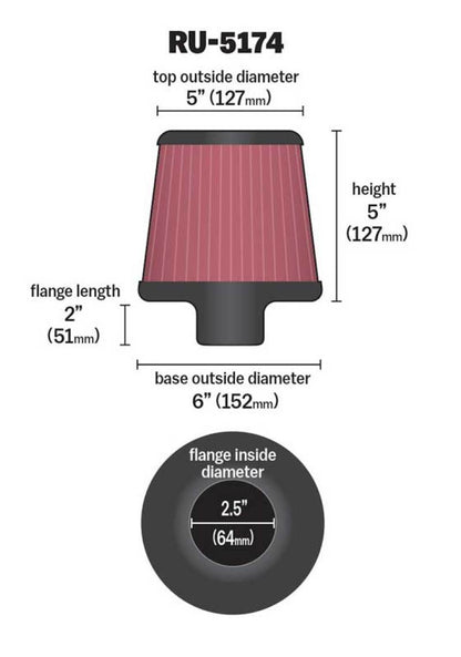 K&N Engineering Universal Rubber Air Filter - Round Tapered, 2.5-inch Flange ID, 6-inch Base OD, 5-inch Top OD, 5-inch Height (Part Number RU-5174)