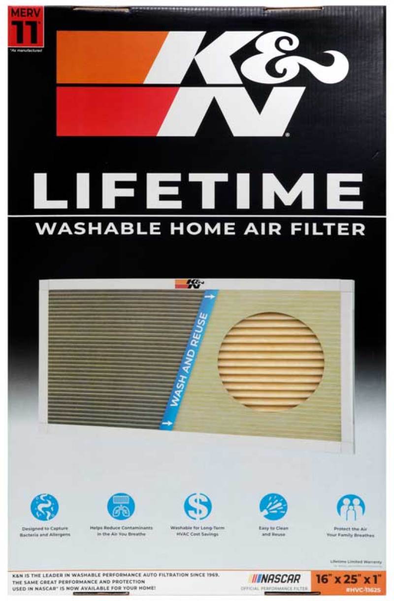 K&N HVAC Filter – 16 x 25 x 1, Washable and Reusable Pleated Synthetic Filter Media, MERV 11 Rating