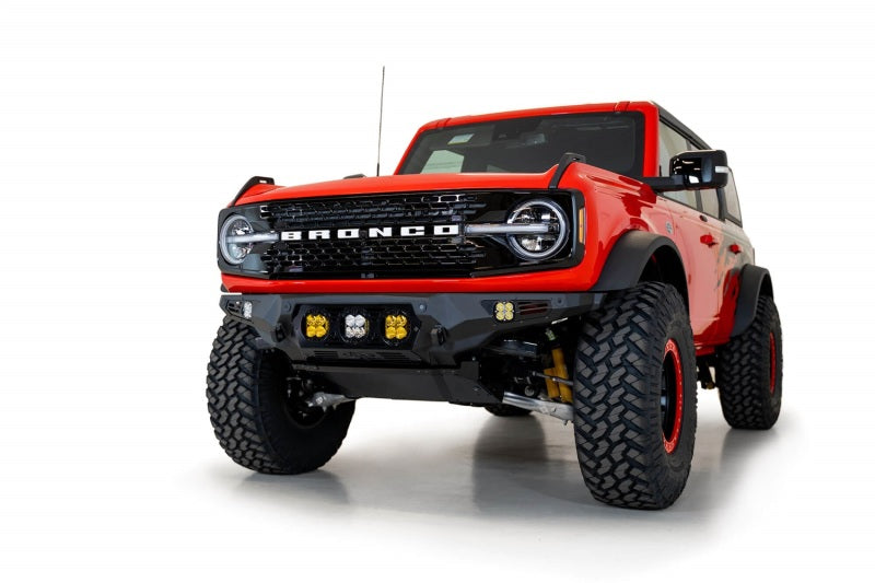 Addictive Desert Designs Bomber Front Bumper for Ford Bronco 2021-2023 with Baja Designs LP4 Mounts and D-Rings in Hammer Black
