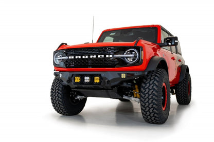 Addictive Desert Designs Bomber Front Bumper for Ford Bronco 2021-2023 with Baja Designs LP4 Mounts and D-Rings in Hammer Black