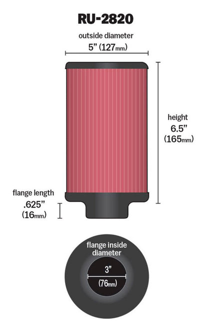 K&N Engineering Universal Air Filter with 3-Inch Flange, 5-Inch Outer Diameter, and 6.5-Inch Height