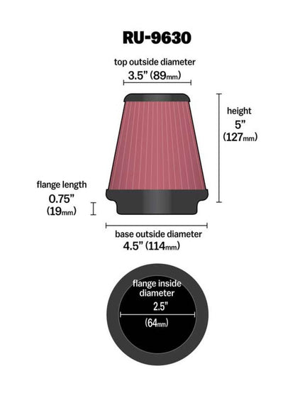 K&N Engineering Universal Tapered Air Filter for Honda Fit – 2.5 inch Flange ID, 4.5 inch Base OD, 3.5 inch Top OD, 5 inch Height