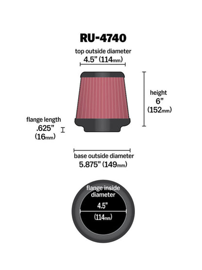 K&N Engineering Universal Rubber Round Tapered Air Filter – 4.5 inch Flange, 5.875 inch Base, 4.5 inch Top, 6 inch Height