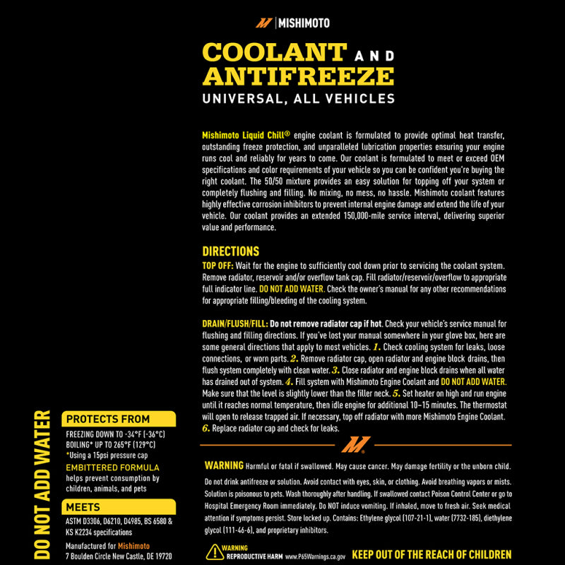 Mishimoto Liquid Chill EG Coolant - Universal Yellow Engine Coolant for Optimal Heat Transfer and Long-Term Engine Protection