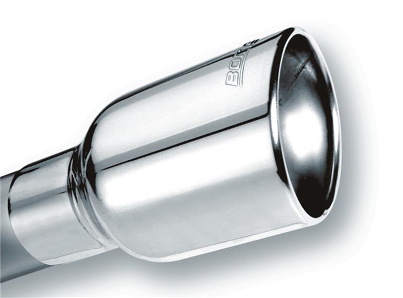 Borla Universal Polished Exhaust Tip with Clamp, 2.5 Inch Inlet, 4.25 x 3.5 Inch Oval Outlet, Single Rolled-Edge Angle-Cut - Part Number 20155
