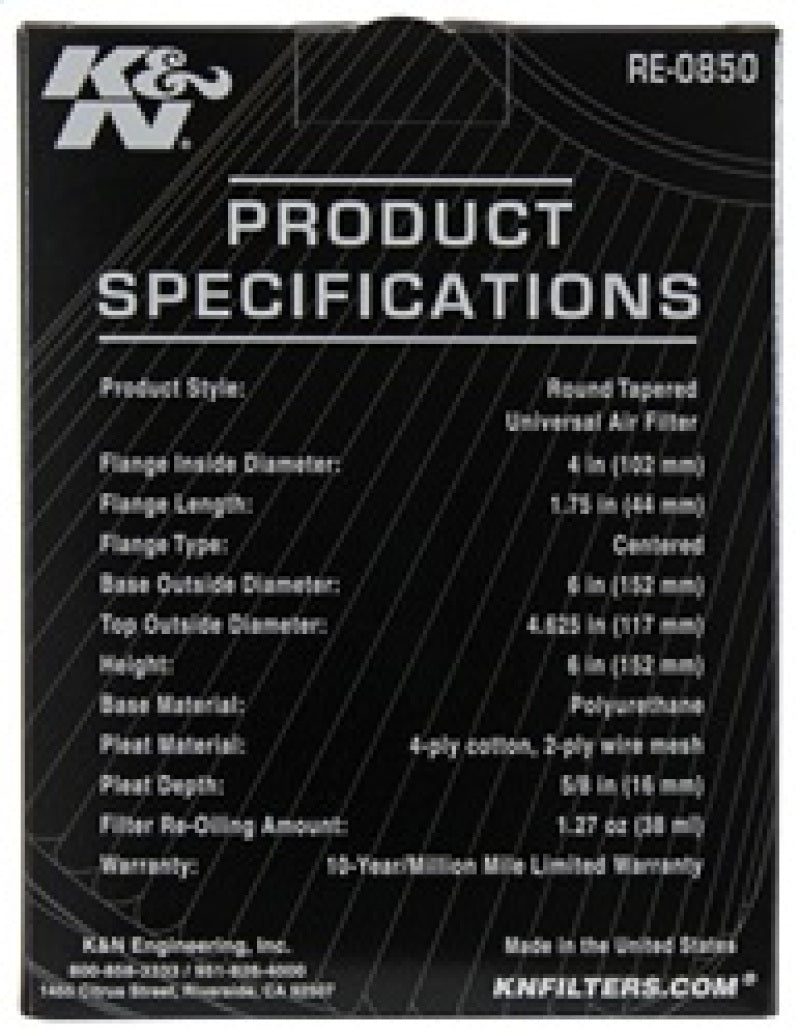K&N Engineering Universal Air Filter Part RE-0850 – 4 Inch Flange, Reusable Washable Air Intake Filter