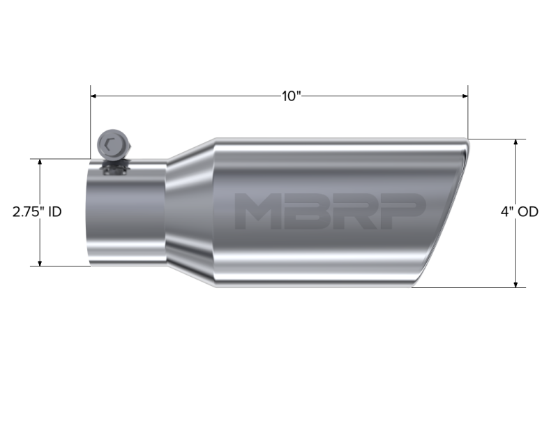 MBRP Universal Exhaust Tip 4 inch OD, 2.75 inch Inlet, 10 inch Length, T304 Stainless Steel, Angled Rolled End