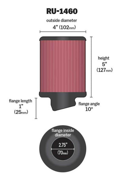 K&N Engineering Universal Rubber Air Filter - 2 3/4 inch Flange, 4-inch OD, 5-inch Height, Part Number RU-1460