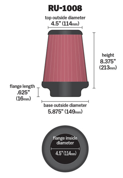 K&N Engineering Universal Clamp-On Air Filter (Part Number RU-1008) – 4.5 inch Flange, 5-7/8 inch Base, 4.5 inch Top, 8-3/8 inch Height
