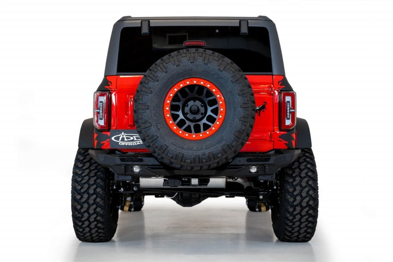 Addictive Desert Designs Stealth Fighter Rear Bumper for Ford Bronco 2021-2023 – Hammer Black with Satin Black Panels and Cube Light Mounts