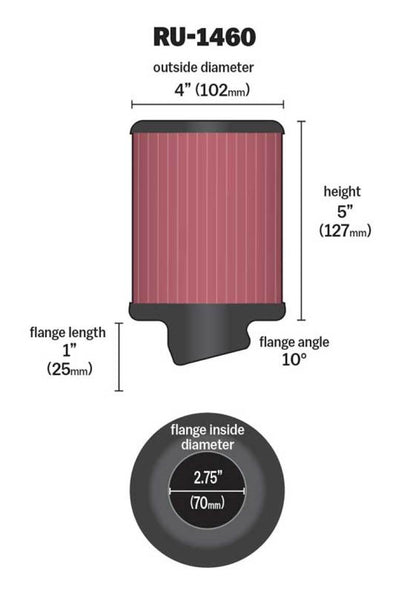 K&N Engineering Universal Rubber Air Filter - 2 3/4 inch Flange, 4-inch OD, 5-inch Height, Part Number RU-1460