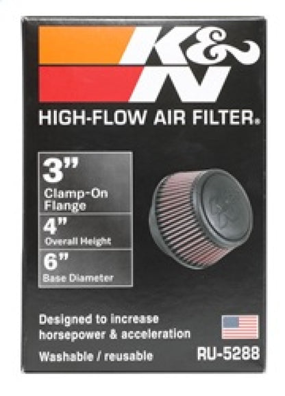 K&N Engineering RU-5288 Universal Round Clamp-On Air Filter – 3-inch Flange ID, 6-inch Base OD, 4.625-inch Top OD, 3-inch Height