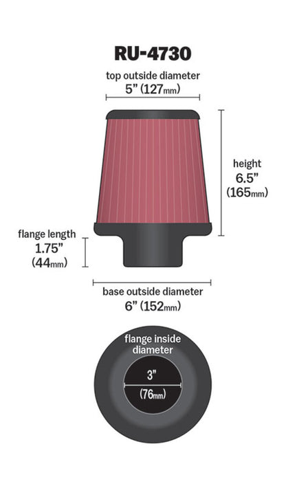 K&N Engineering Universal Air Filter Part RU-4730 - 3 Inch Flange, 6 Inch Base, 5 Inch Top, 6.5 Inch Height for BMW Models