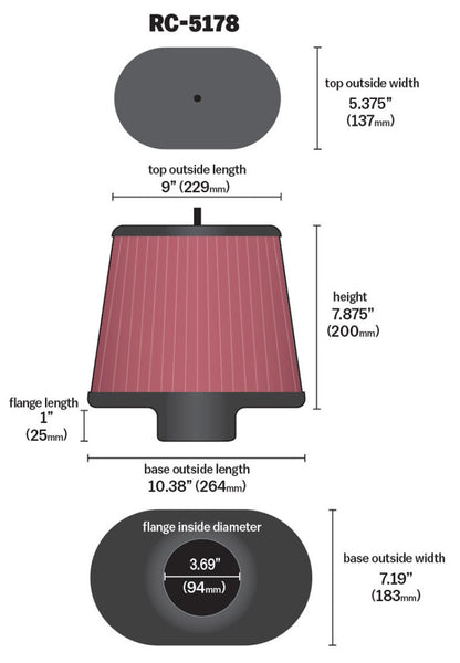 K&N Engineering Universal Oval Straight Air Filter - 3.688-inch Flange ID, 10.25-inch Base Outer Surface Length, 7.875-inch Height