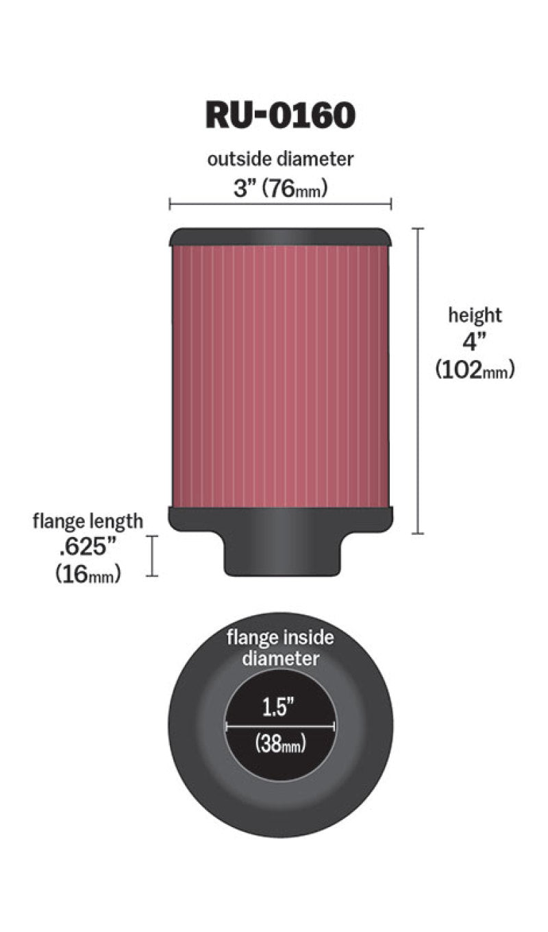 K&N Universal Rubber Air Filter Part RU-0160 – 1.5 Inch Flange, 3 Inch Outer Diameter, 4 Inch Height for Honda ATC Models