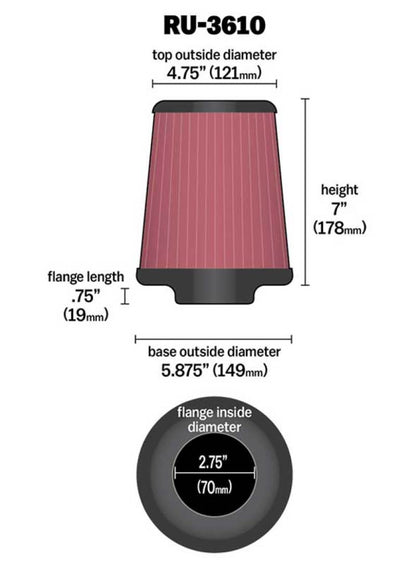 K&N Engineering Universal Rubber Air Filter with 2.75-inch Flange Diameter – Model RU-3610