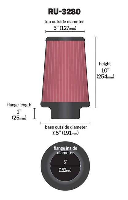 K&N Engineering Universal Rubber Air Filter with 6-inch Flange – 10 Inch Height, 7.5 Inch Base, 5 Inch Top