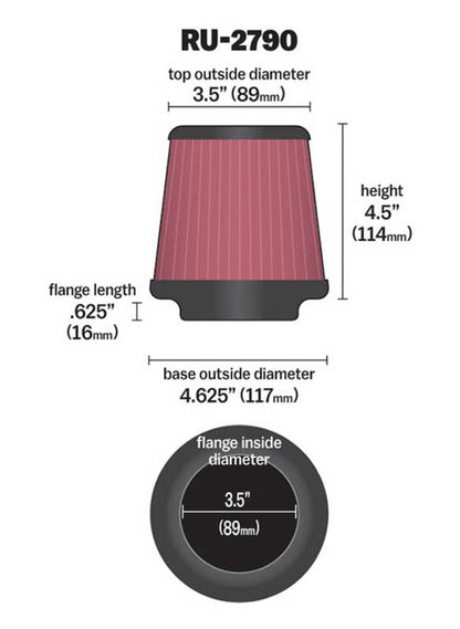 K&N Engineering Universal Rubber Air Filter with 3 1/2 Inch Flange - Model RU-2790