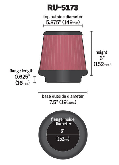 K&N Engineering Universal Clamp-On Air Filter 6 Inch Flanged - Fits Ford F-250 Super Duty (Part No. RU-5173)
