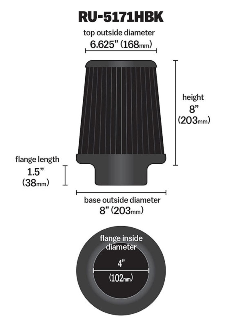 K&N Engineering RU-5171HBK Black Universal Round Tapered Air Filter for Dodge Ram 2500 and 3500