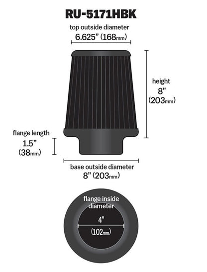 K&N Engineering RU-5171HBK Black Universal Round Tapered Air Filter for Dodge Ram 2500 and 3500