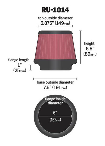 K&N Engineering Universal Tapered Air Filter - 6 Inch Flange ID, 7.5 Inch Base OD, 5.875 Inch Top OD, 6.5 Inch Height