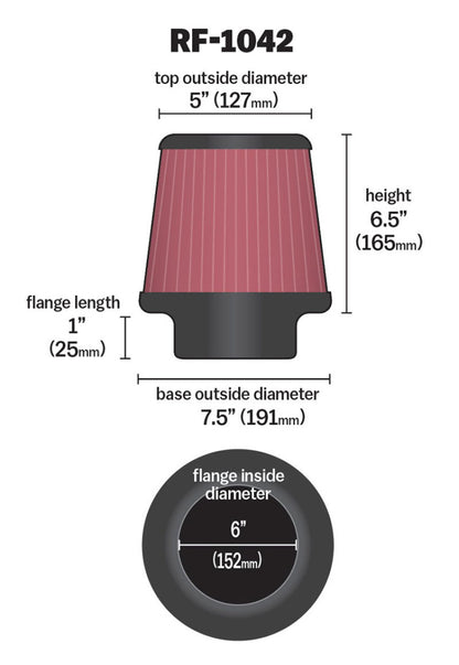 K&N Engineering RF-1042 Round Tapered Universal Air Filter – 6 Inch Flange, 7.5 Inch Base Diameter, 5 Inch Top Diameter, 6.5 Inch Height