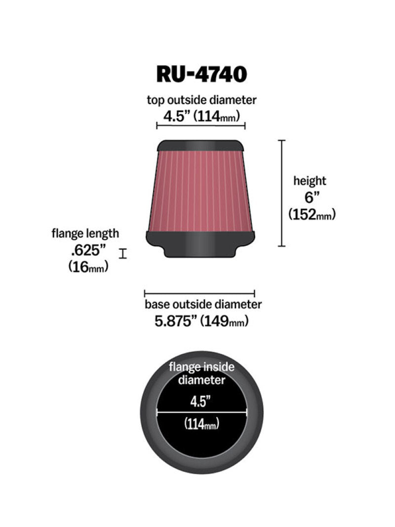 K&N Engineering Universal Rubber Round Tapered Air Filter – 4.5 inch Flange, 5.875 inch Base, 4.5 inch Top, 6 inch Height