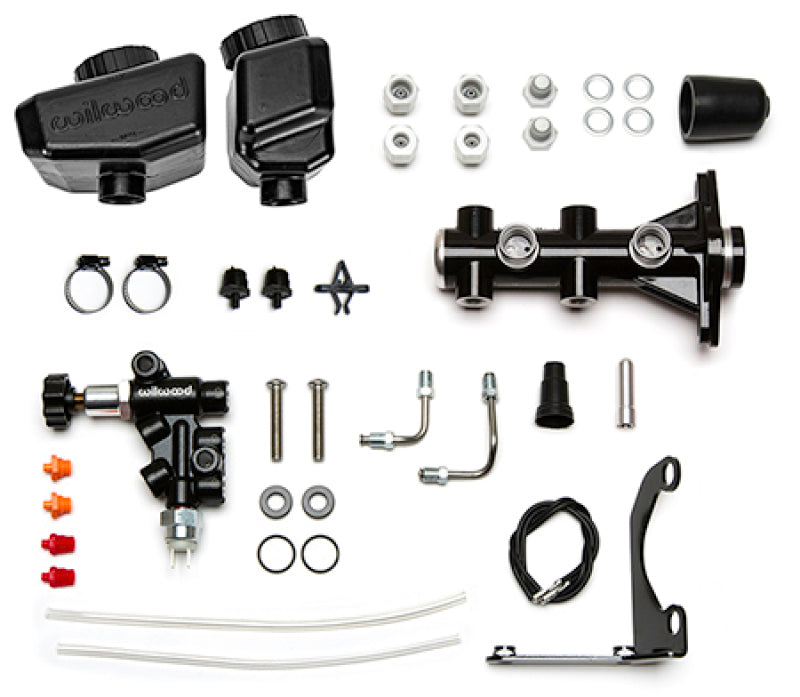 Wilwood Remote Tandem Master Cylinder Kit with Bracket and Valve – 1.12 Inch Bore, Black Finish