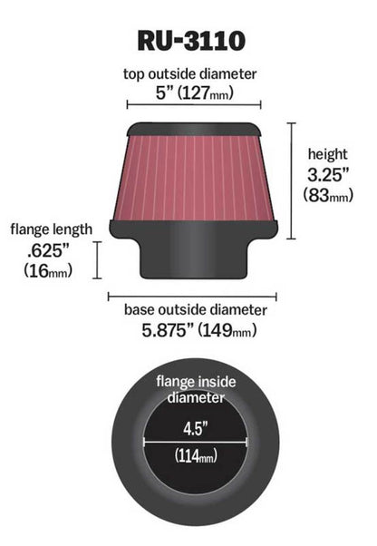 K&N Engineering Universal Rubber Round Tapered Air Filter – 4.5-inch Flange ID, 5.875-inch Base OD, 5-inch Top OD, 3.25-inch Height