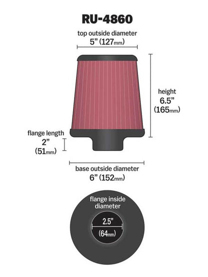 K&N Engineering Part RU-4860 Universal Rubber Air Filter for Automotive and Equipment Applications