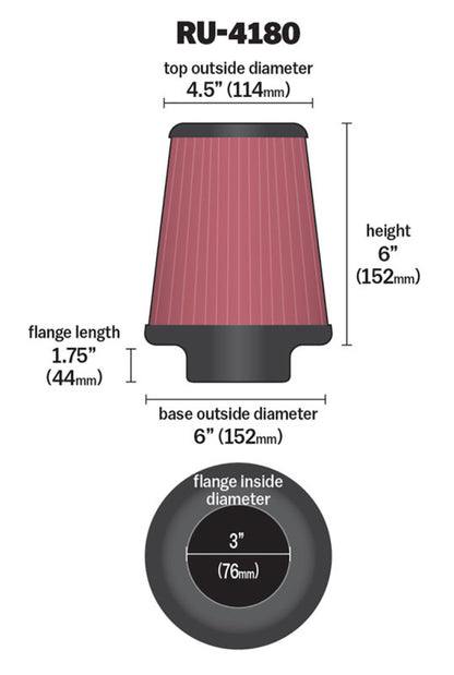 K&N Universal Clamp-On Air Filter 3 inch Flanged, 6 inch Body, 4.5 inch Top, 6 inch Height - Part Number RU-4180
